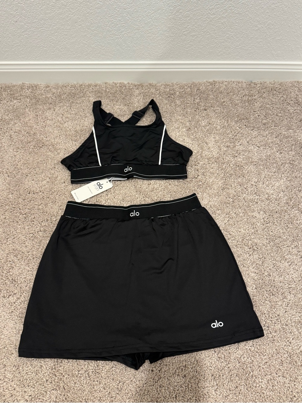 alo Black Athletic Crop Top and Skort Set